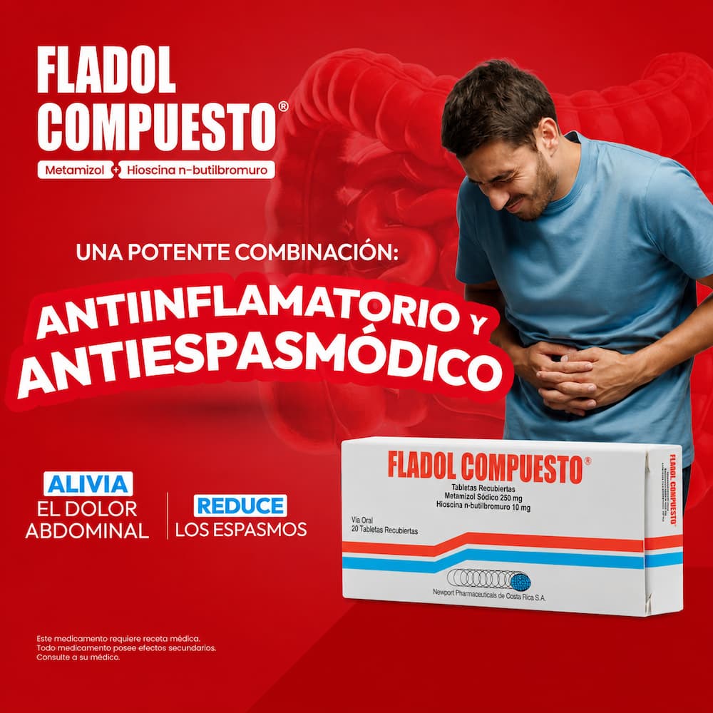 Caja de medicamento Fladol Compuesto antiinflamatorio y antiespasmódico junto a un hombre sujetándose el abdomen por dolor abdominal y espasmos.