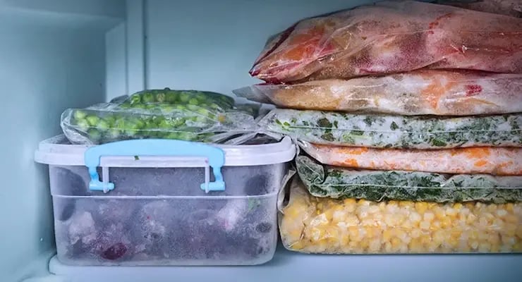 Vista del interior de un congelador con diversos alimentos organizados en bolsas plásticas y recipientes herméticos con escarcha, mostrando el almacenamiento correcto.