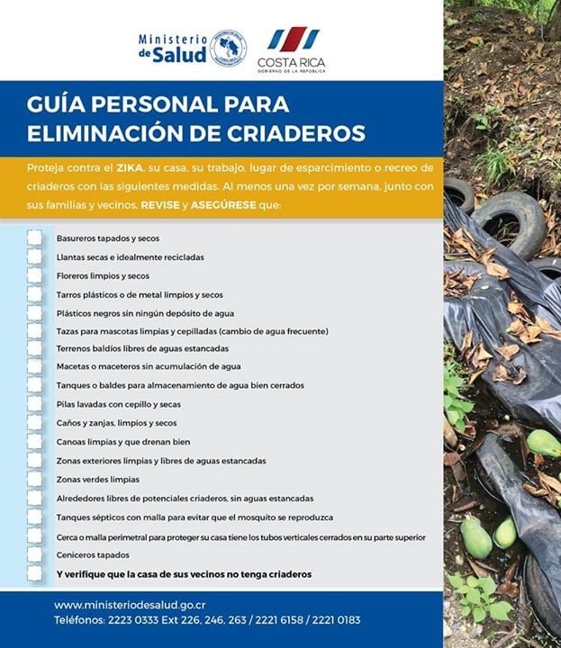 Afiche informativo del Ministerio de Salud sobre la eliminación de criaderos del mosquito transmisor del zika.