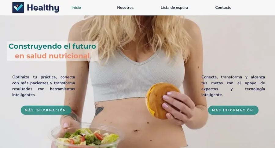 Portal Healthy sobre salud nutricional con mujer sosteniendo ensalada y hamburguesa