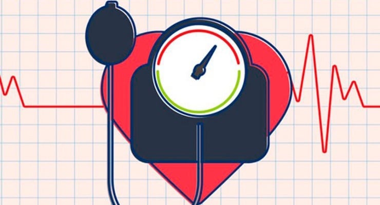 Ilustración de un tensiómetro frente a un corazón con línea de electrocardiograma