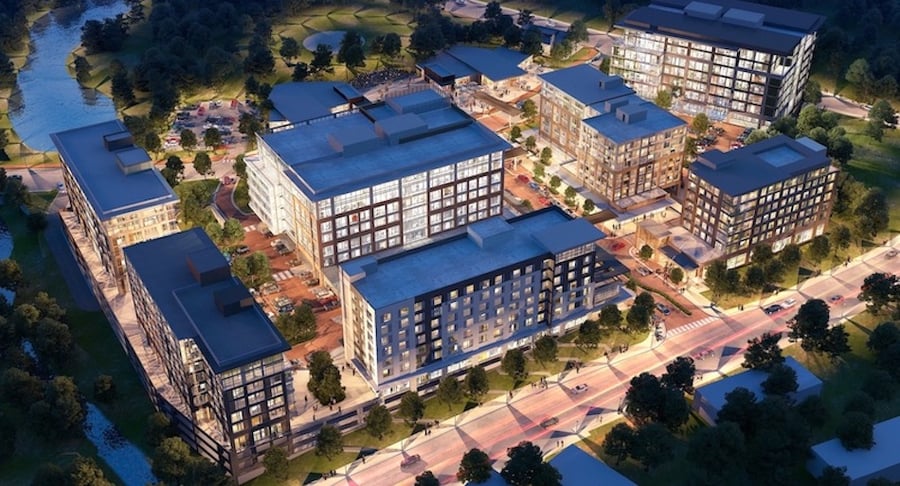 Vista aérea del proyecto inmobiliario ALESTE con edificios de uso mixto y zonas verdes en la zona este de San José