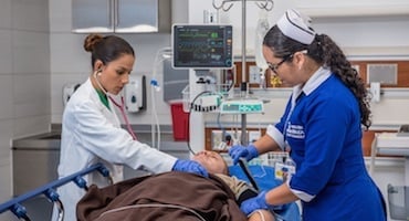 Personal médico y de enfermería del Hospital Clínica Bíblica brindando atención personalizada y humanizada a un paciente en camilla.