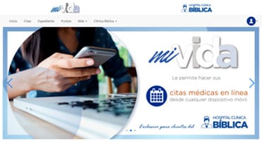 Interfaz de la plataforma Programa Mi Vida de Hospital Clínica Bíblica para gestión de citas médicas y expediente digital desde dispositivos móviles.
