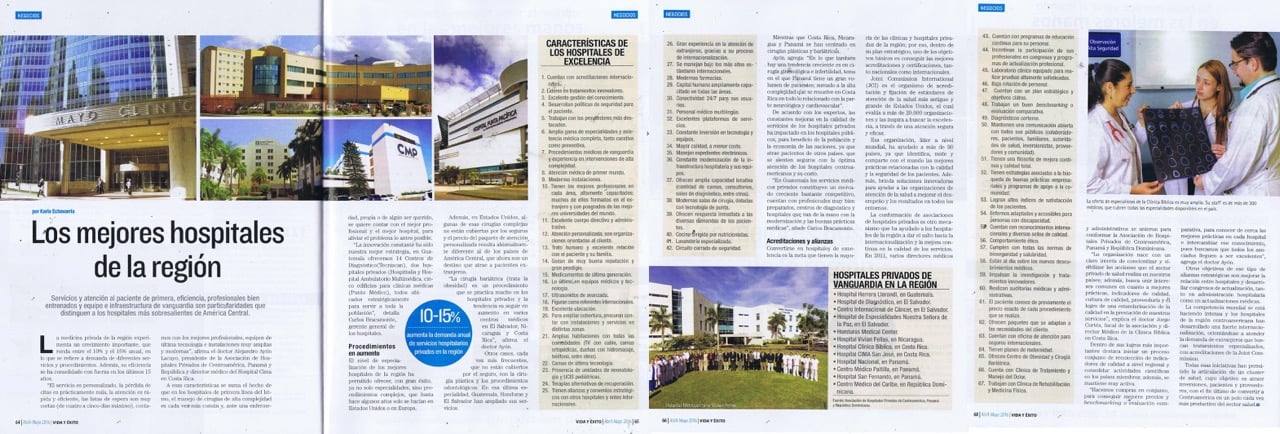 Doble página de revista con hospitales de la región y personal médico en consultorio