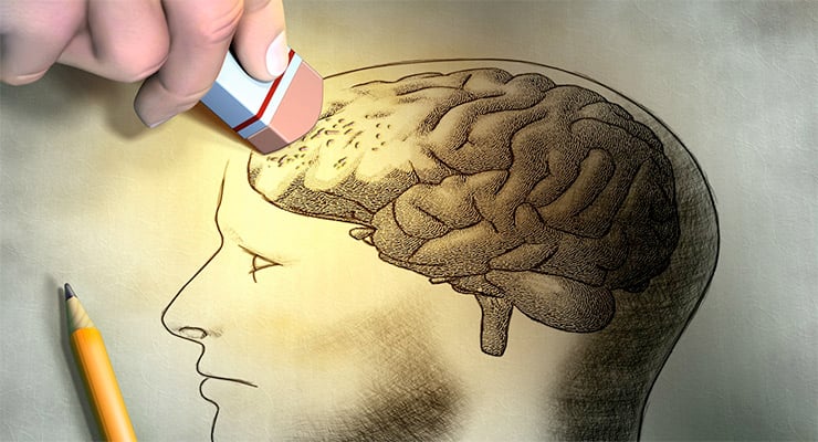 Ilustración de cabeza humana con dibujo del cerebro y borrador sobre la zona frontal