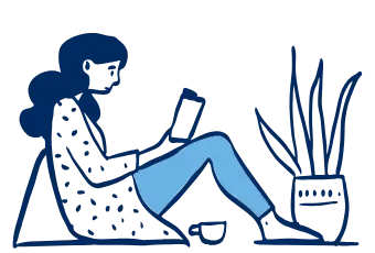Ilustración azul de mujer leyendo junto a una planta en maceta
