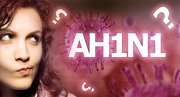Ilustración informativa sobre el virus AH1N1 con una mujer observando el texto y gráficos virales al fondo.