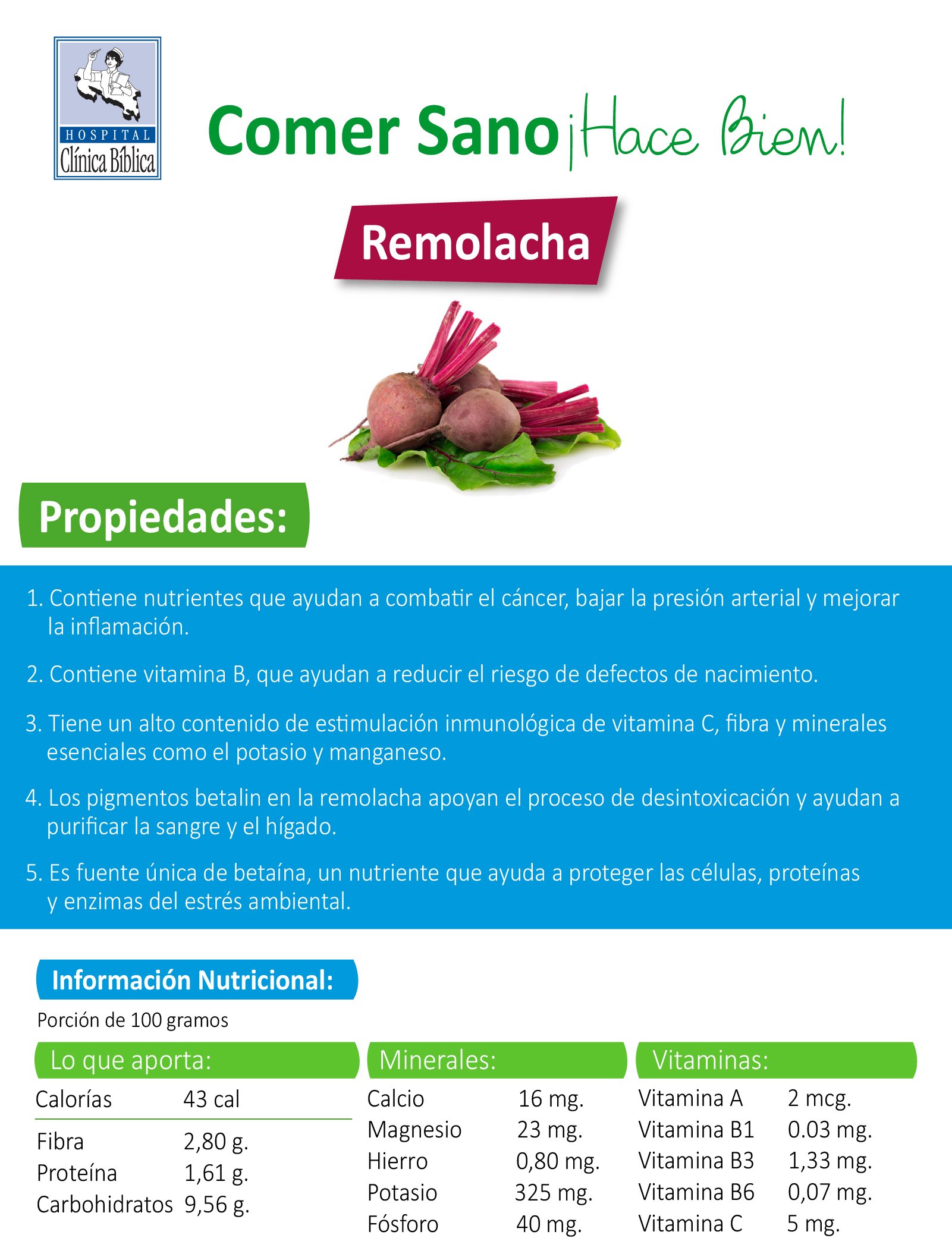 Infografía informativa sobre la remolacha con propiedades y tabla nutricional