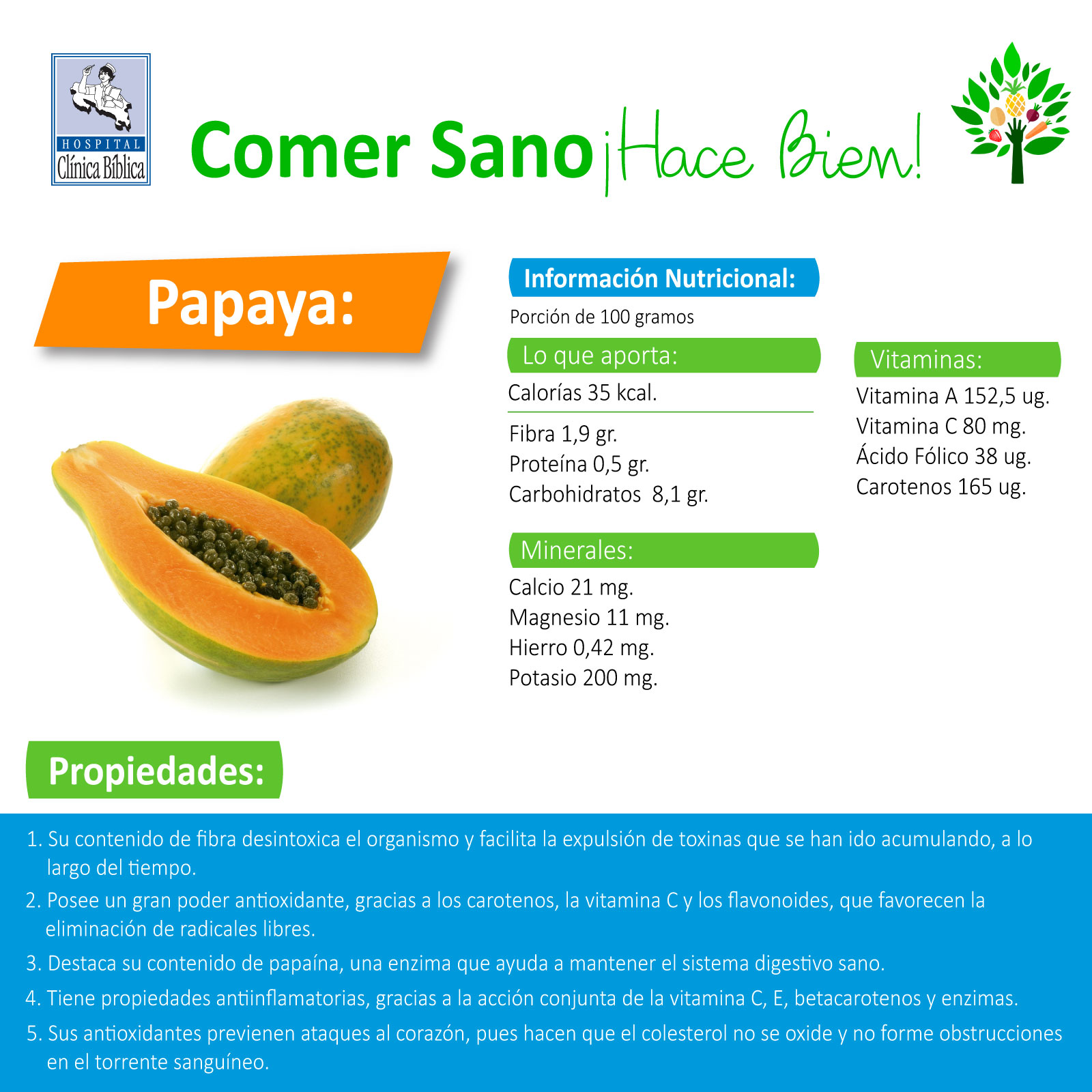 Infografía nutricional de la papaya con valores de vitaminas, minerales y propiedades para la salud.