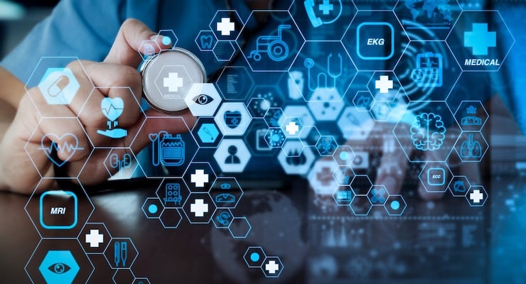 Interfaz digital con íconos médicos que representan innovación, tecnología y transformación del sistema de salud