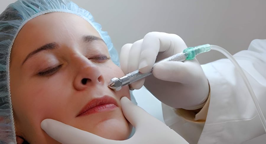 Profesional de la salud aplicando una inyección en el rostro de una mujer con guantes médicos