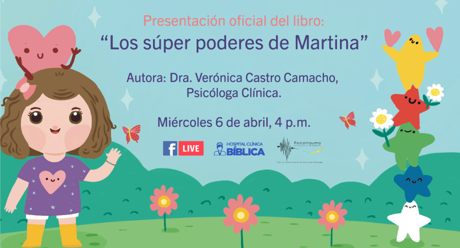 Ilustración infantil del lanzamiento del libro Los súper poderes de Martina con información del evento en el Hospital Clínica Bíblica