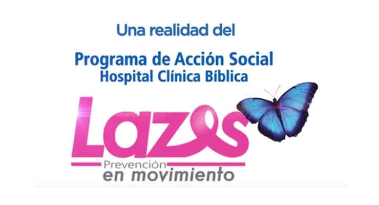 Afiche del programa “Lazos en movimiento” del Hospital Clínica Bíblica con mariposa azul y mensaje de prevención.