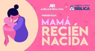 Ilustración de una madre sosteniendo a su bebé recién nacido en brazos sobre fondo rosado