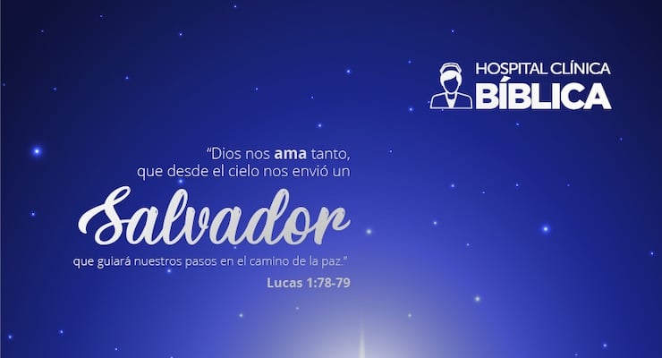 Mensaje navideño del Hospital Clínica Bíblica con cita bíblica y diseño gráfico en tonos azules