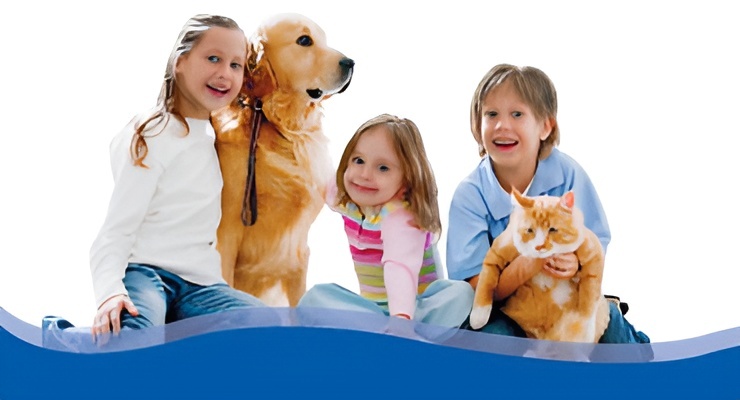 Niños sentados junto a un perro y un gato como mascotas