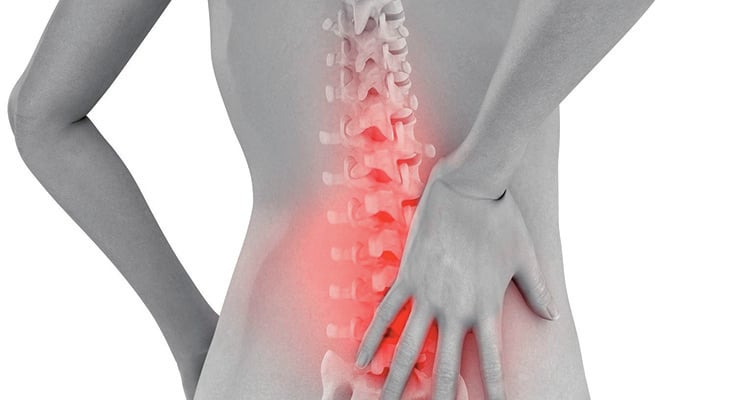 Ilustración del torso humano vista desde atrás con la columna vertebral resaltada en rojo en la zona lumbar.