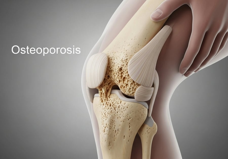 Ilustración médica de una rodilla con hueso afectado por osteoporosis