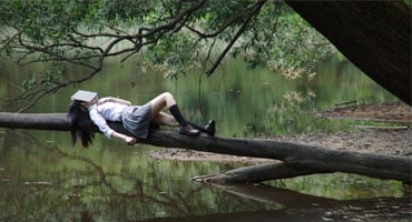 Persona recostada sobre el tronco de un árbol junto a un lago