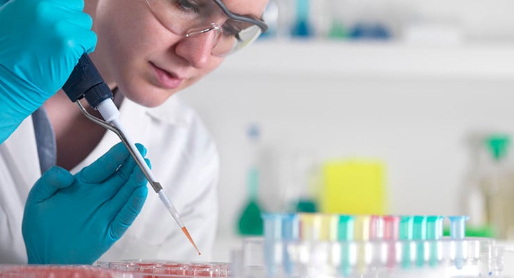 Personal de laboratorio utilizando una pipeta para aplicar líquido en una placa de muestras