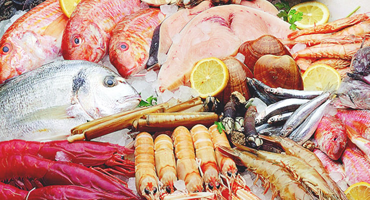 Variedad de pescados y mariscos frescos sobre hielo con rodajas de limón