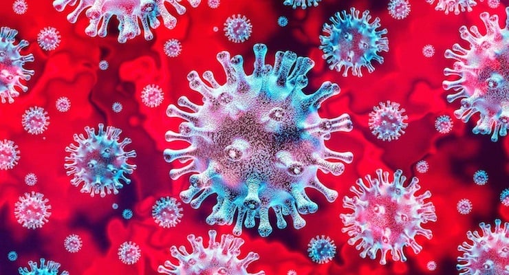 Ilustración microscópica de partículas del coronavirus sobre fondo rojo
