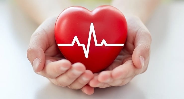 Manos sostienen un corazón rojo con línea de electrocardiograma que simboliza el cuidado de la salud cardíaca