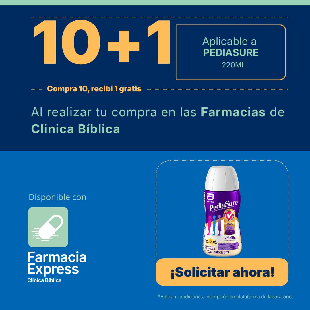 Banner promocional 10+1 en Pediasure 220ml de Farmacias Clínica Bíblica, mostrando botella de PediaSure sabor vainilla, botón de solicitar ahora y disponibilidad en Farmacia Express.