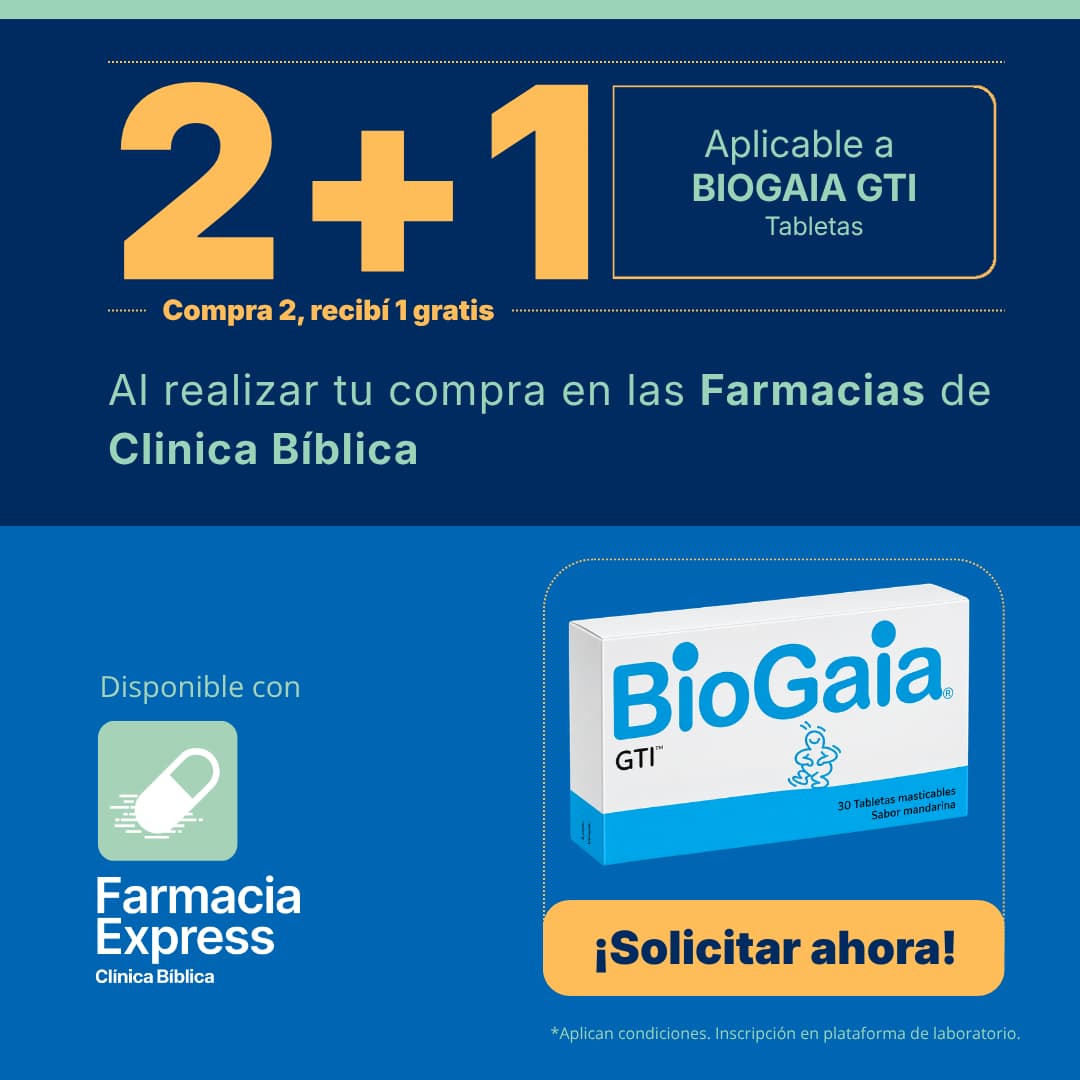 Promoción 2+1 en BioGaia GTI tabletas masticables sabor mandarina para Farmacias de Clínica Bíblica y Farmacia Express, con la leyenda compra 2 y recibe 1 gratis junto a la caja del producto.
