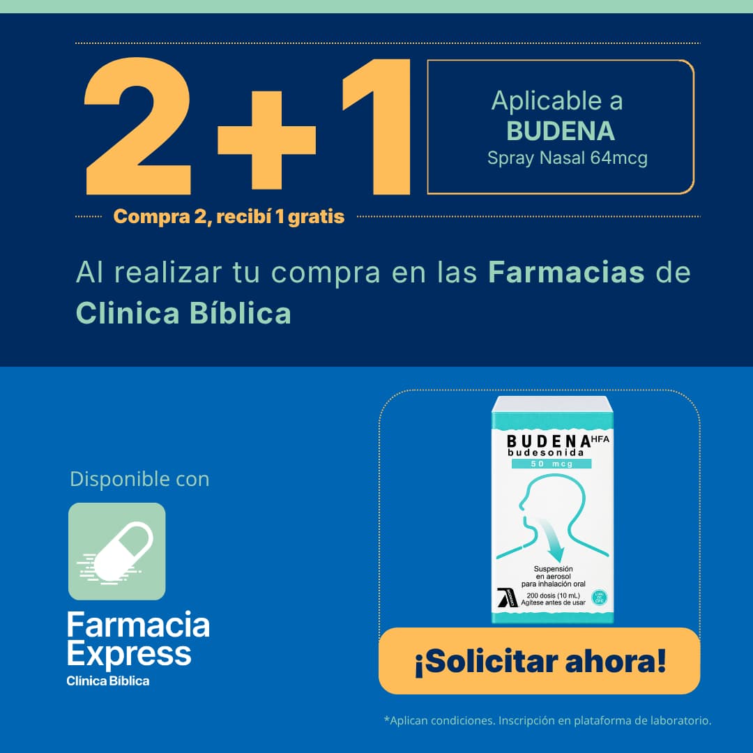 Promoción 2+1 en medicamento Budena spray nasal de 64 mcg y 50 mcg (Budesonida) para Farmacias de Clínica Bíblica y Farmacia Express, con la leyenda compra 2 y recibe 1 gratis junto a la caja del producto.