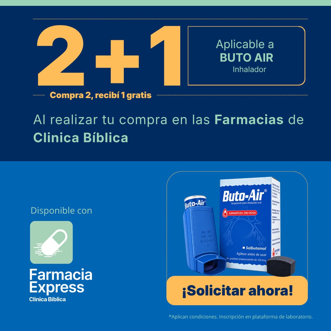 Promoción 2+1 en medicamento Buto-Air Inhalador (Salbutamol) para Farmacias de Clínica Bíblica y Farmacia Express, con la leyenda compra 2 y recibe 1 gratis junto a la caja y el inhalador del producto.