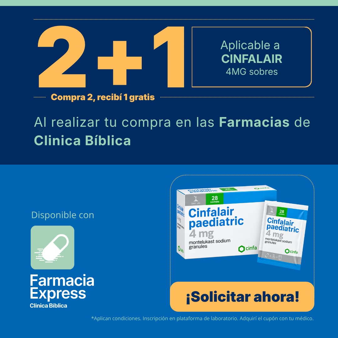 Promoción 2+1 compra 2 y recibe 1 gratis en medicamento Cinfalair paediatric 4 mg sobres de Cinfa en Farmacias de Clínica Bíblica. Se muestra la caja y sobre de Cinfalair montelukast de 28 sobres, el logotipo de Farmacia Express y un botón amarillo con la frase Solicitar ahora.