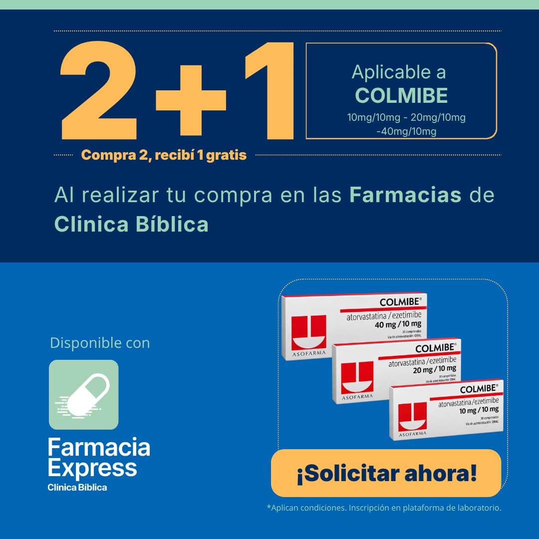 Promoción 2+1 en medicamento Colmibe de 10 mg/10 mg, 20 mg/10 mg y 40 mg/10 mg (Atorvastatina y Ezetimiba) para Farmacias de Clínica Bíblica y Farmacia Express, con la leyenda compra 2 y recibe 1 gratis junto a las cajas del producto Asofarma.