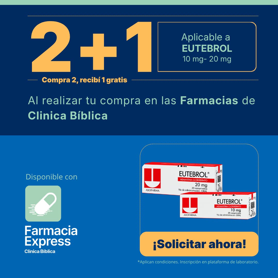 Promoción 2+1 en medicamento Eutebrol de 10 mg y 20 mg (Memantina Clorhidrato) para Farmacias de Clínica Bíblica y Farmacia Express, con la leyenda compra 2 y recibe 1 gratis junto a las cajas del producto Asofarma.