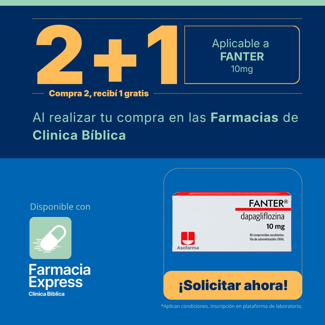 Promoción 2+1 en medicamento Fanter de 10 mg (Dapagliflozina) para Farmacias de Clínica Bíblica y Farmacia Express, con la leyenda compra 2 y recibe 1 gratis junto a la caja del producto Asofarma.