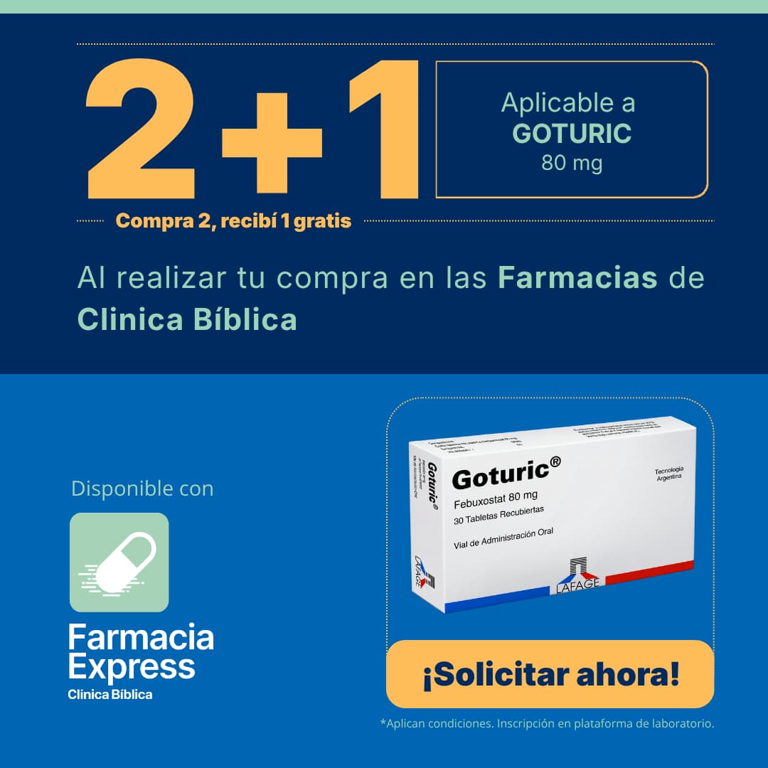 Promoción 2+1 compra 2 y recibe 1 gratis en medicamento Goturic 80 mg de Lafage en Farmacias de Clínica Bíblica. Se observa la caja de Goturic Febuxostat de 30 tabletas recubiertas, el logotipo de Farmacia Express y un botón amarillo con la frase Solicitar ahora.