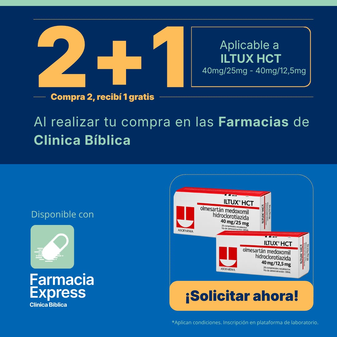 Promoción 2+1 en medicamento Iltux HCT de 40 mg/25 mg y 40 mg/12,5 mg (Olmesartán Medoxomil e Hidroclorotiazida) para Farmacias de Clínica Bíblica y Farmacia Express, con la leyenda compra 2 y recibe 1 gratis junto a las cajas del producto Asofarma.