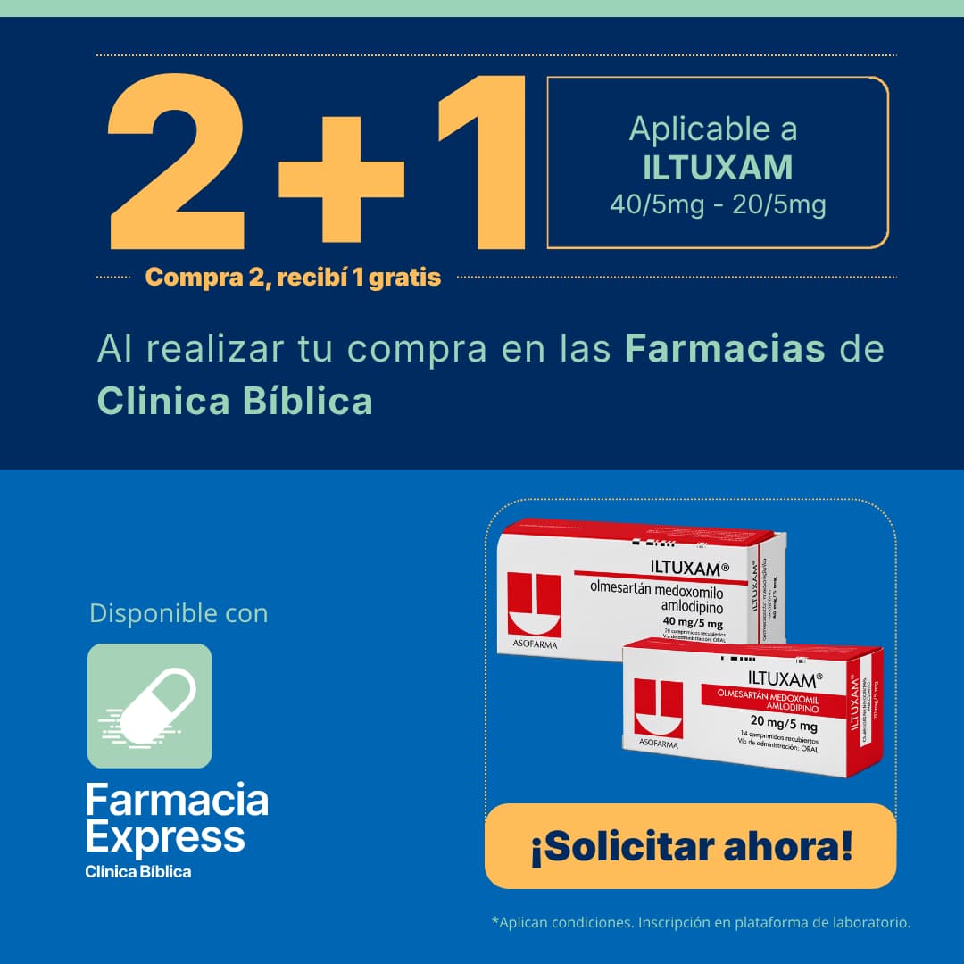 Promoción 2+1 en medicamento Iltuxam de 40/5 mg y 20/5 mg (Olmesartán Medoxomil y Amlodipino) para Farmacias de Clínica Bíblica y Farmacia Express, con la leyenda compra 2 y recibe 1 gratis junto a las cajas del producto Asofarma.