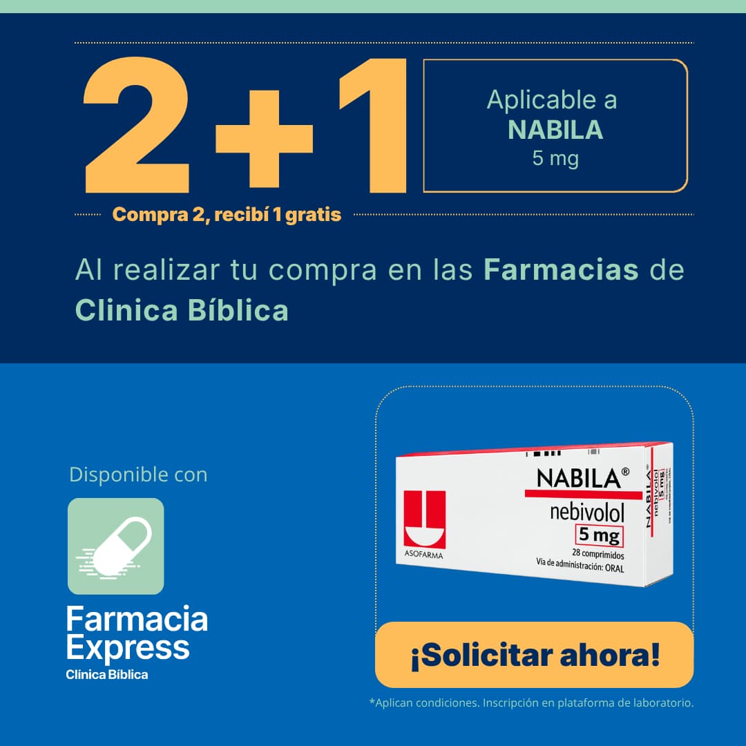 Promoción 2+1 en medicamento Nabila de 5 mg (Nebivolol) para Farmacias de Clínica Bíblica y Farmacia Express, con la leyenda compra 2 y recibe 1 gratis junto a la caja del producto Asofarma.