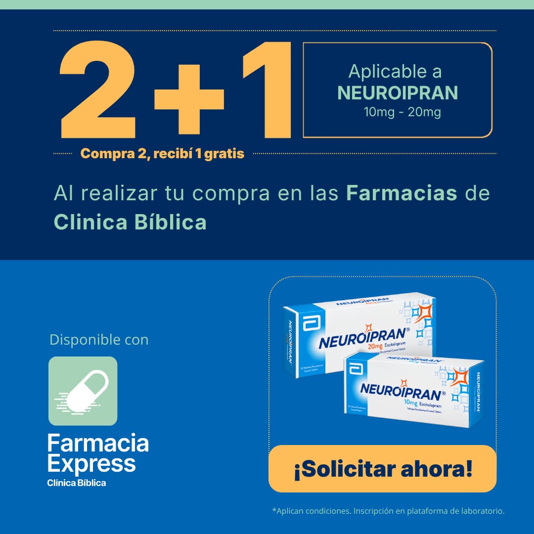 Promoción 2+1 en medicamento Neuroipran de 10 mg y 20 mg (Escitalopram) para Farmacias de Clínica Bíblica y Farmacia Express, con la leyenda compra 2 y recibe 1 gratis junto a las cajas del producto Abbott.