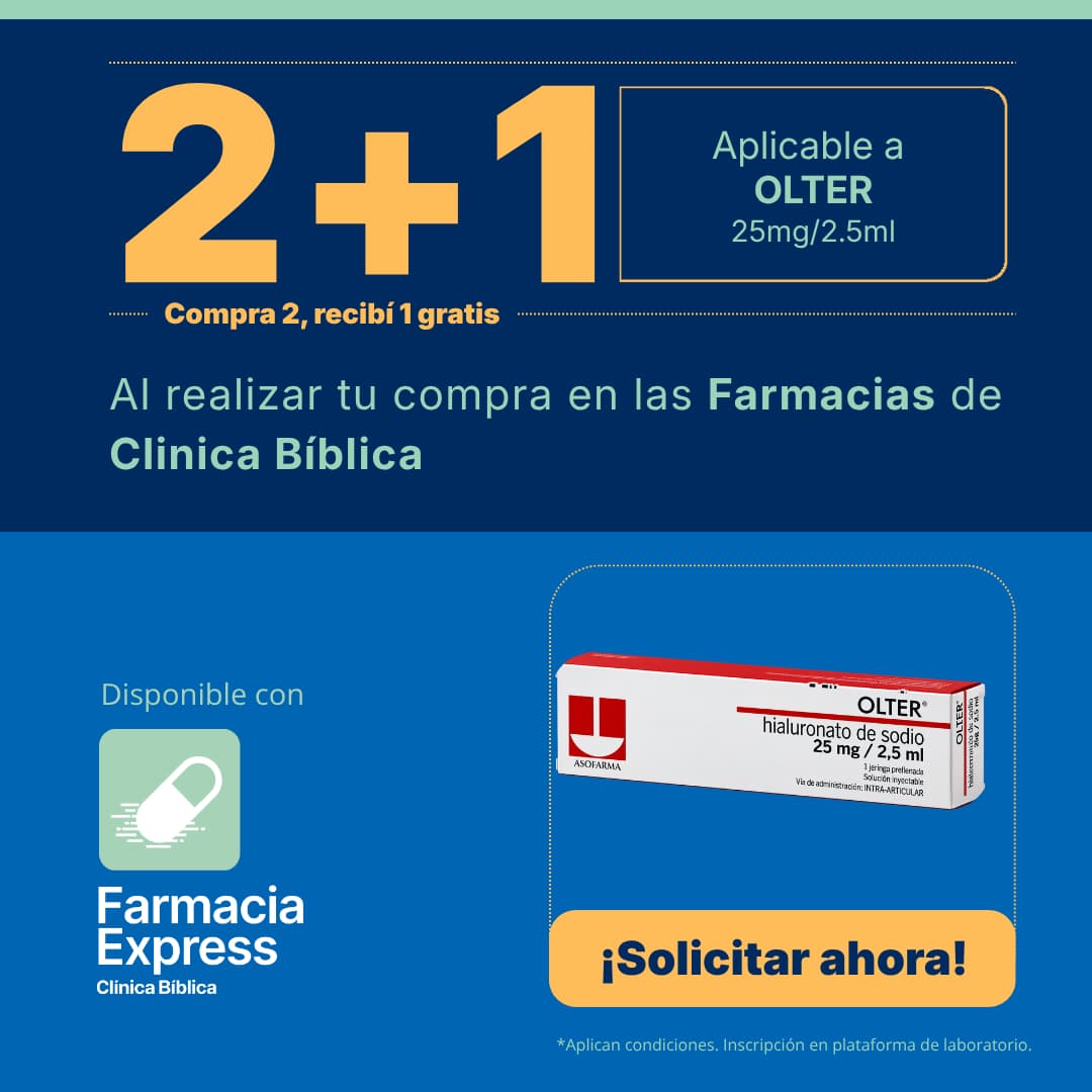 Banner promocional 2+1 en Olter 25mg/2.5ml de Farmacias Clínica Bíblica, mostrando empaque de hialuronato de sodio Asofarma, botón de solicitar ahora y disponibilidad en Farmacia Express.