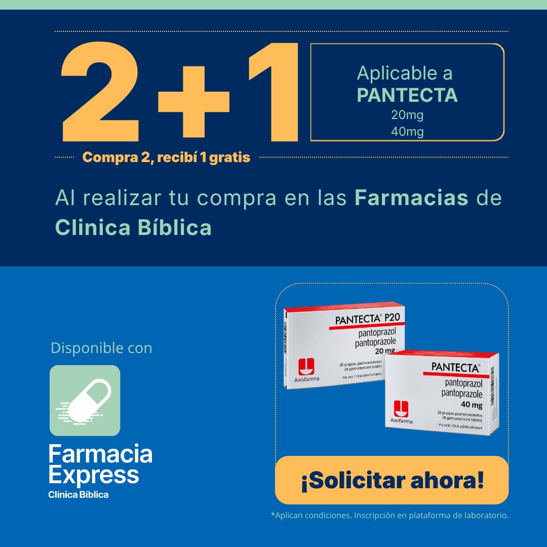 Promoción 2+1 en medicamento Pantecta de 20 mg y 40 mg (Pantoprazol) para Farmacias de Clínica Bíblica y Farmacia Express, con la leyenda compra 2 y recibe 1 gratis junto a las cajas del producto Asofarma.