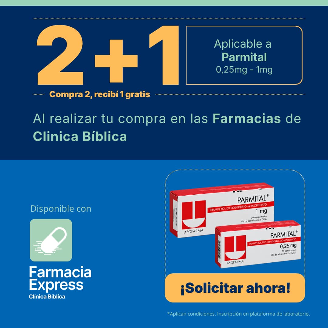 Promoción 2+1 en medicamento Parmital de 0,25 mg y 1 mg (Pramipexol) para Farmacias de Clínica Bíblica y Farmacia Express, con la leyenda compra 2 y recibe 1 gratis junto a las cajas del producto Asofarma.