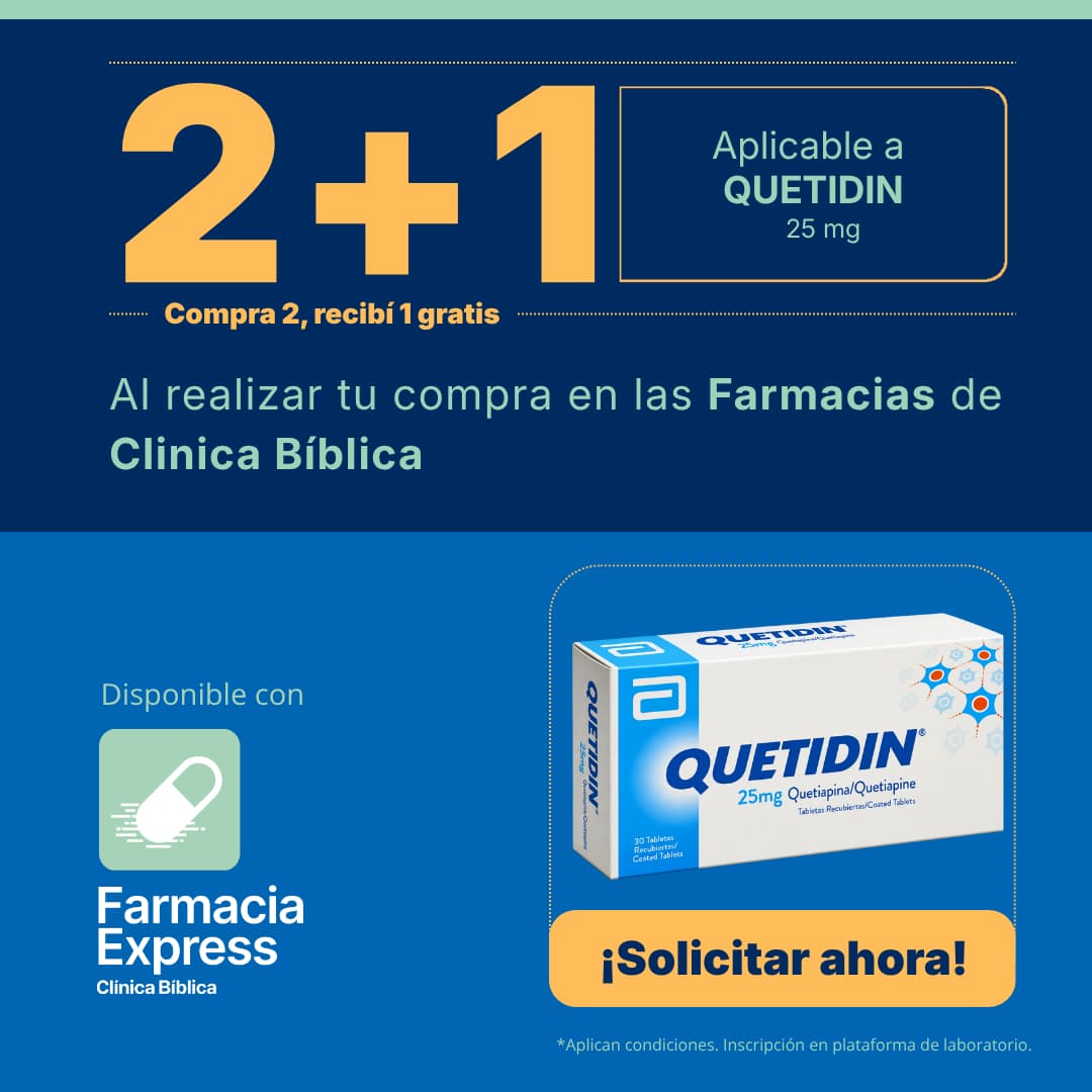 Promoción 2+1 en medicamento Quetidin de 25 mg (Quetiapina) para Farmacias de Clínica Bíblica y Farmacia Express, con la leyenda compra 2 y recibe 1 gratis junto a la caja del producto Abbott.