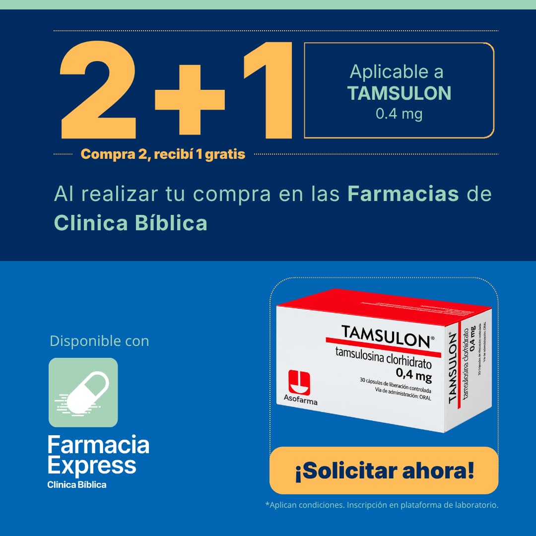 Banner promocional 2+1 en Tamsulon 0.4mg de Farmacias Clínica Bíblica, mostrando empaque de tamsulosina clorhidrato Asofarma, botón de solicitar ahora y disponibilidad en Farmacia Express.