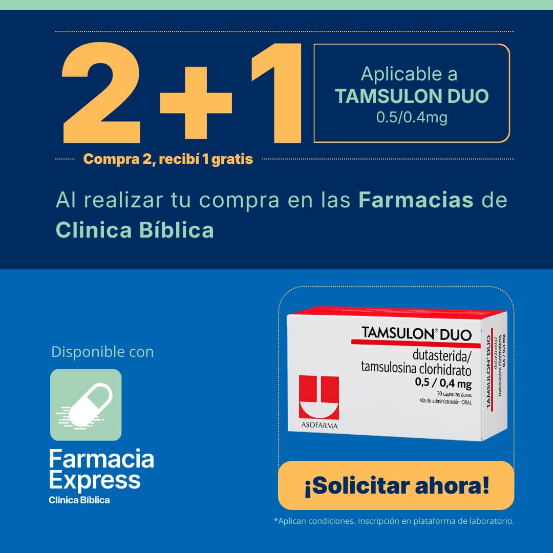 Banner promocional 2+1 en Tamsulon Duo 0.5/0.4mg de Farmacias Clínica Bíblica, mostrando empaque de dutasterida y tamsulosina clorhidrato Asofarma, botón de solicitar ahora y disponibilidad en Farmacia Express.