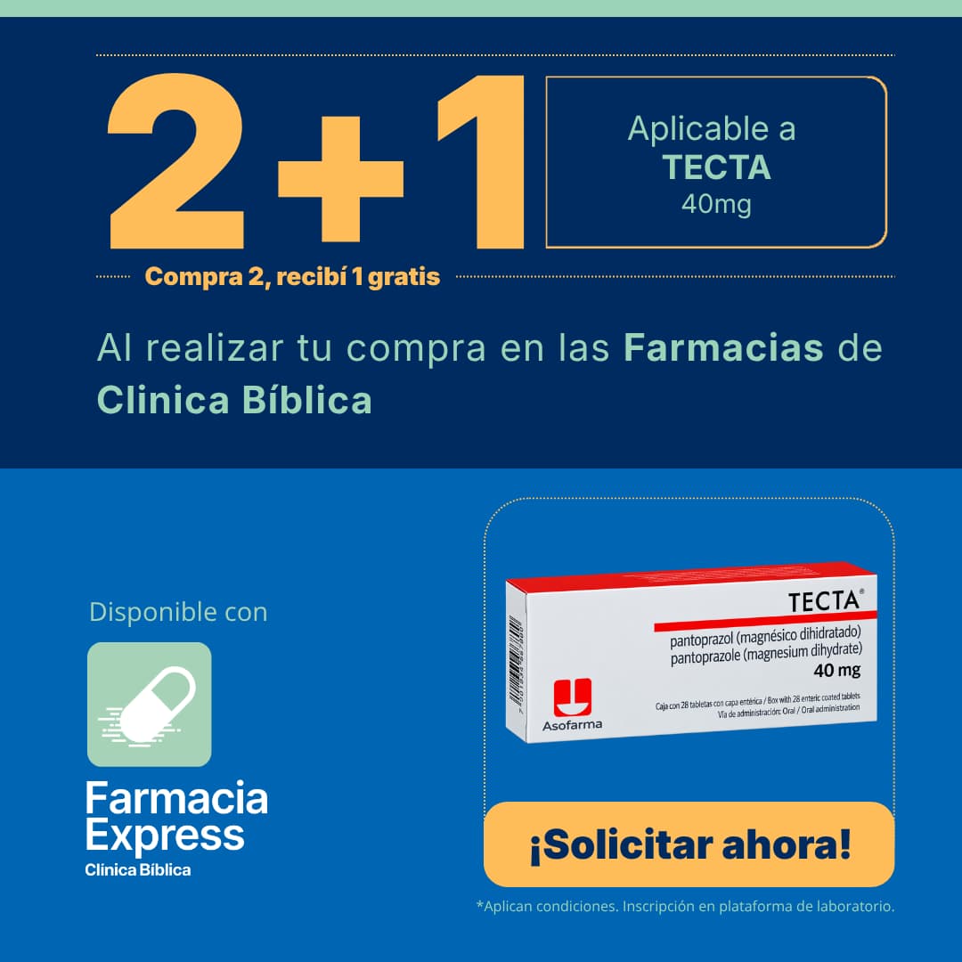 Promoción 2+1 en medicamento Tecta de 40 mg (Pantoprazol) para Farmacias de Clínica Bíblica y Farmacia Express, con la leyenda compra 2 y recibe 1 gratis junto a la caja del producto Asofarma.