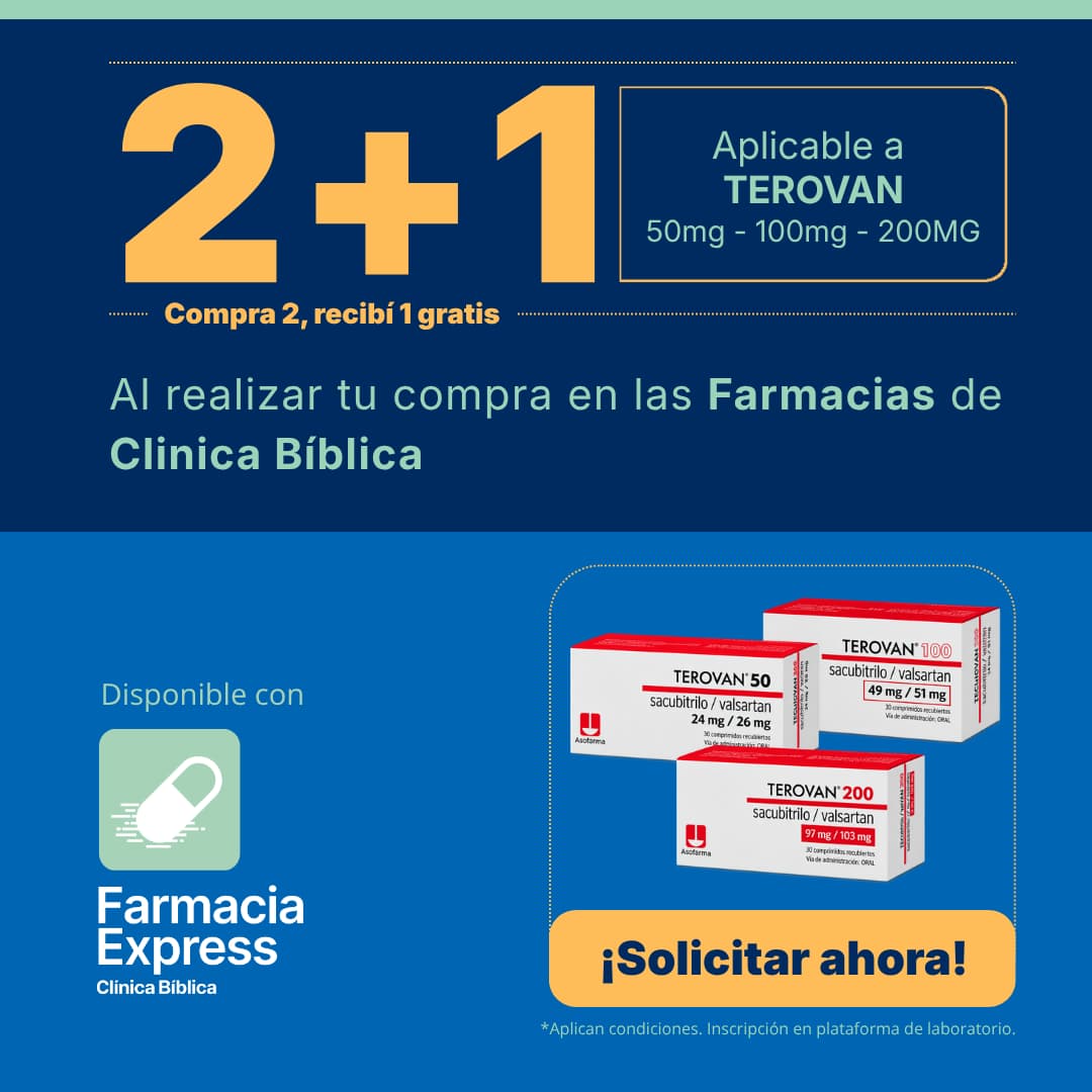 Promoción 2+1 en medicamento Terovan de 50 mg, 100 mg y 200 mg (Sacubitrilo y Valsartán) para Farmacias de Clínica Bíblica y Farmacia Express, con la leyenda compra 2 y recibe 1 gratis junto a las cajas del producto Asofarma.