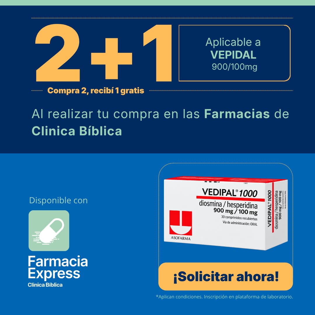 Banner promocional 2+1 en Vepidal 900/100mg de Farmacias Clínica Bíblica, mostrando empaque de diosmina y hesperidina Asofarma, botón de solicitar ahora y disponibilidad en Farmacia Express.